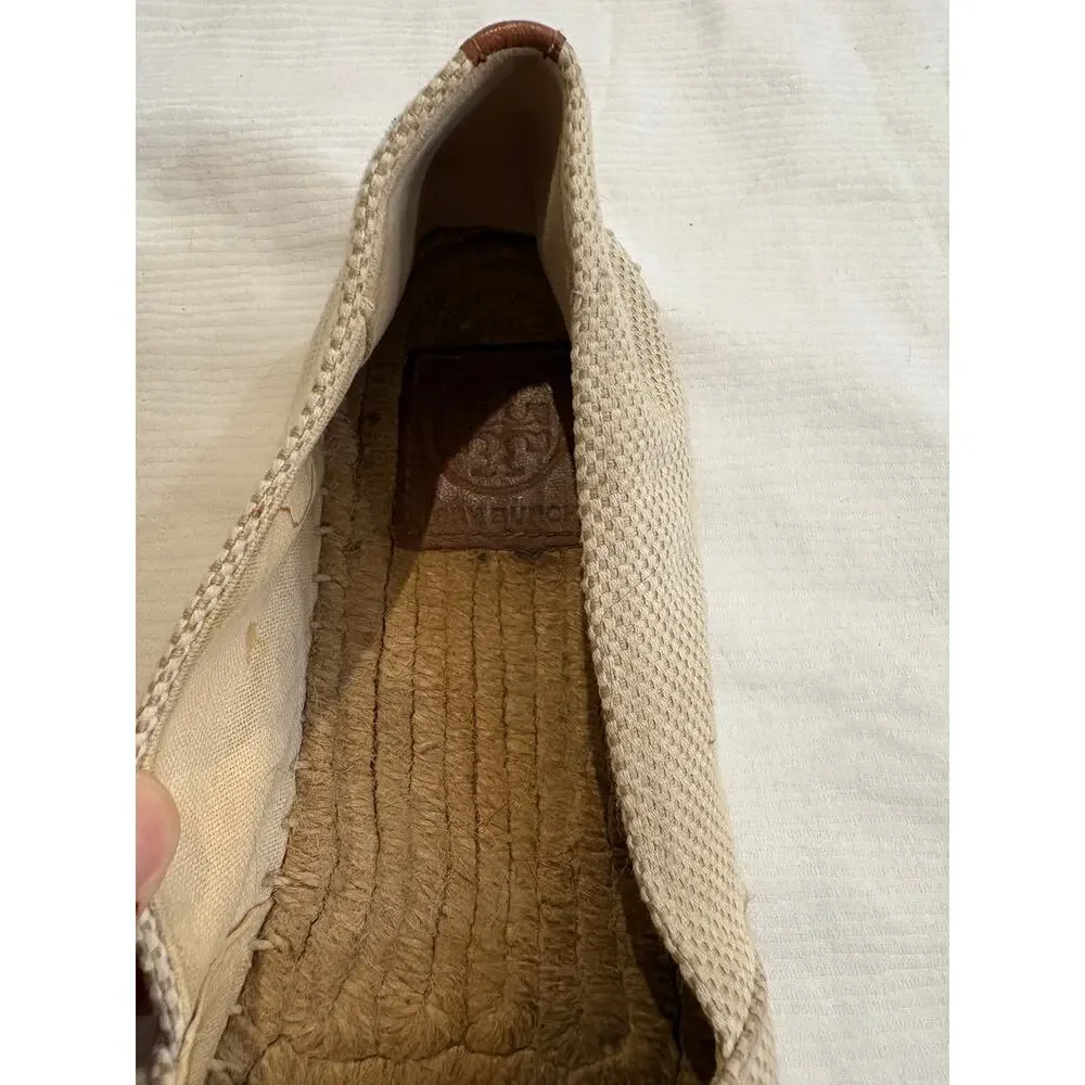 Tory Burch Womens 9 Flat Espadrille Canvas Cream Brown Slip On Leather Cap Toe